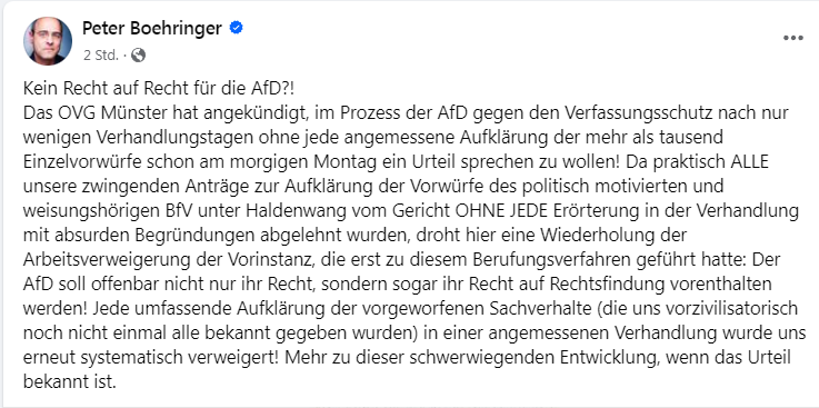 #BuVo Peter #Boehringer rechnet offenbar mit der Abweisung der #AfD Klage morgen in #Münster. Also redet er das Gericht schlecht, obwohl es sehr sorgfältig und geduldig mit der Verzögerungstaktik war. Ich frag mich, ob #Chrupalla und #Weidel diese Verächtlichmachung unterstützen?