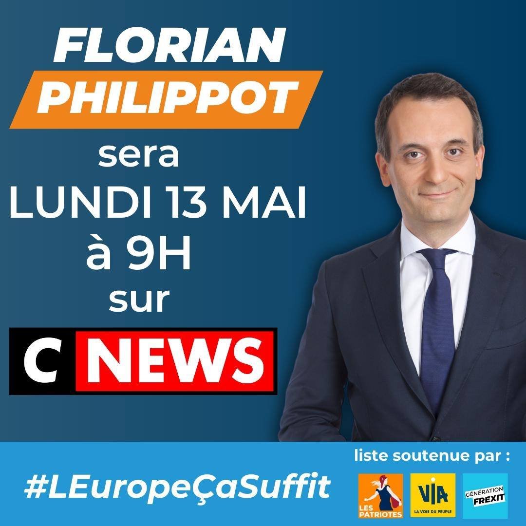 🚨🔶 @f_philippot, président de @_LesPatriotes, 
tête de la liste de coalition souverainiste #LEuropeÇaSuffit #Europeennes2024 🇪🇺 
est invité dans l'Heure des Pros (#HDPros) @CNews 📺 lundi 13 mai à 9h00 🕤📆
