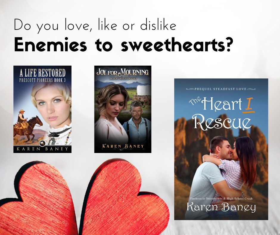 I really enjoy enemies to sweethearts --that early tension. Then something happens and one or both characters see the other in a new light. I get tingles just thinking about it. Do you love, like, or dislike the enemies to sweethearts trope? #christianromance #amreading