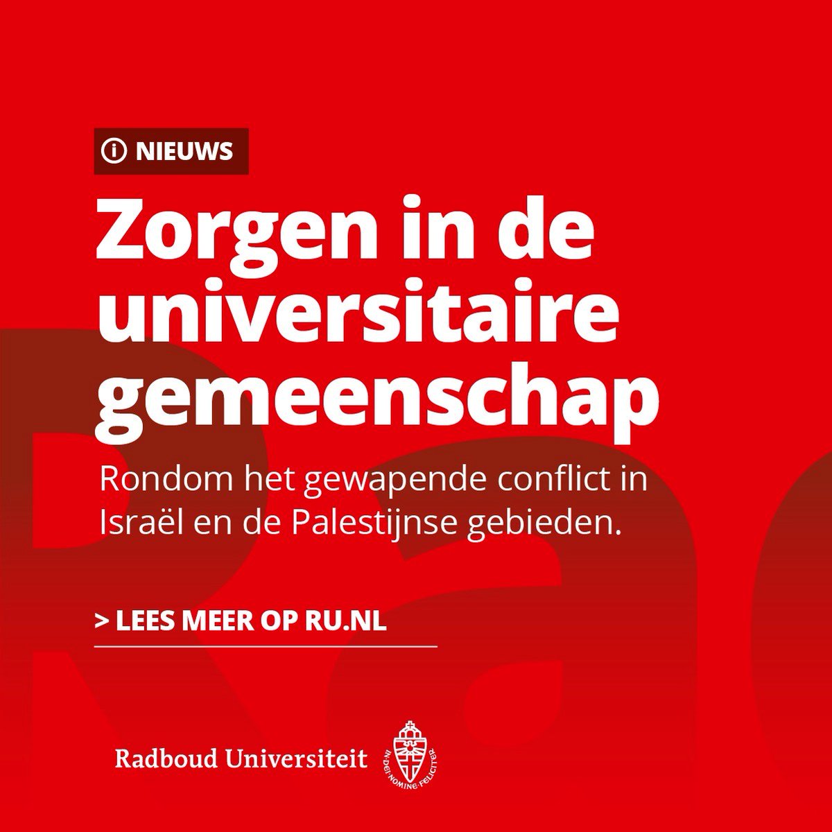 Velen @Radboud_Uni maken zich toenemende zorgen over het gewapende conflict in Israël en de Palestijnse gebieden. Het college van bestuur benadrukt dat het deelt in de afschuw over alle mensenrechtenschendingen. Lees meer op ru.nl/over-ons/nieuw…