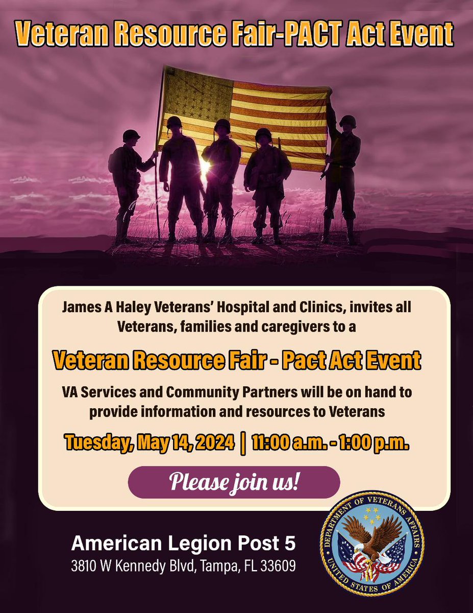 EVENT Veterans Resource Fair Pact Act Tues May 14 @ The American Legion Post 5 #USMilitary #USARMY #USMC #USNavy #USAF #USCG Those #Veterans that need assistance that should come to this particular program. There's going to be a lot of information through the @DeptVetAffairs