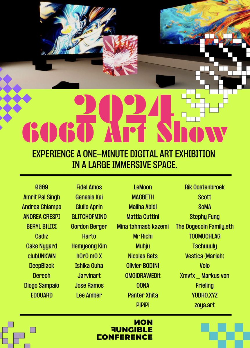 Please welcome all the new artists and collectors joining our #6060artshow ! 💥

<a href="/amritpaldesign/">Amrit Pal Singh</a> <a href="/andcrespi/">ANDREA CRESPI</a> @cadizffm <a href="/cakenygard/">cake nygard 🍰</a> @clubUNKWN <a href="/FidelEverywhere/">Fidel Amos ⟁</a> <a href="/GLITCHOFMIND/">GLITCHOFMIND 🪐✨💫</a> <a href="/GordonBergerArt/">⫘ ＧＢＡ ⫘</a> <a href="/IshikaGuha2/">Ishika Guha</a> <a href="/AmberArtStudio/">Lee Amber - Photography ☕️📸</a> @minimal_macbeth <a href="/minatk_nft/">Mina Tahmasb Kazemi</a> <a href="/madebyoona/">OONA</a> <a href="/spike_0124/">Scott</a>