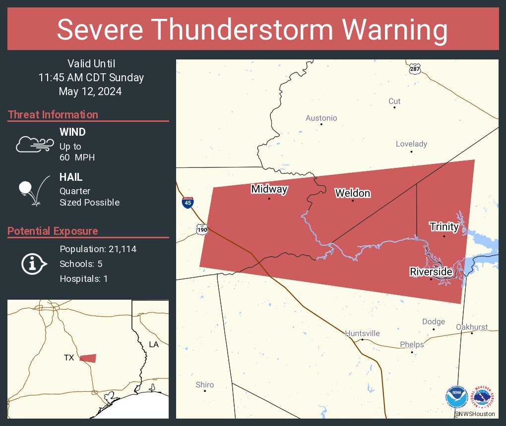 Severe Thunderstorm Warning including Trinity TX, Riverside TX and Midway TX until 11:45 AM CDT