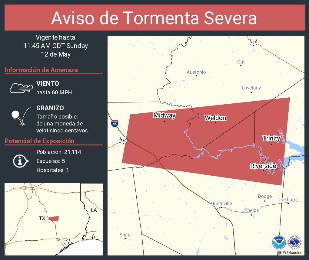 Aviso de Tormenta Severa incluye Trinity TX, Riverside TX, Midway TX hasta las 11:45 AM CDT