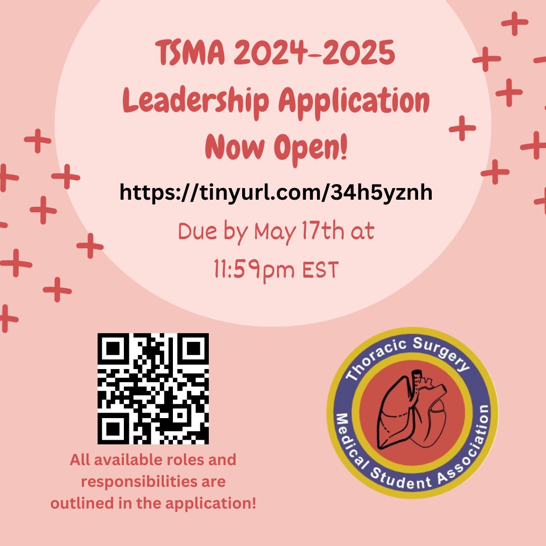 🚨Attention medical students interested in CT surgery - the application for the 2024-2025 TSMA Leadership Board is open! All applications are due by 5/17 at 11:59pm EST. We look forward to hearing why you'd be a great fit for our team!