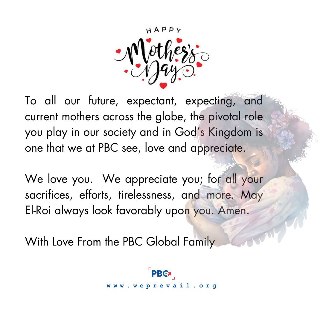 Happy Mother's Day to all the amazing moms out there! 

Your love and dedication make the world a better place. You are truly appreciated and cherished.

#PBCGlobal #RCCG #GlobalChurch 
#happymotherday