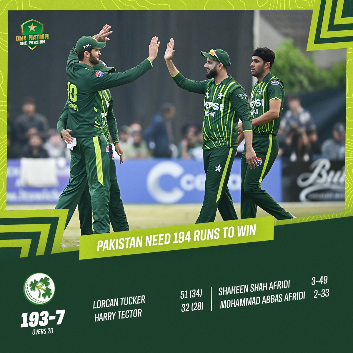 🏏 Innings break 🏏 194 is the target for Pakistan as Ireland post 193-7 in their 20 overs 🎯 #IREvPAK | #BackTheBoysInGreen