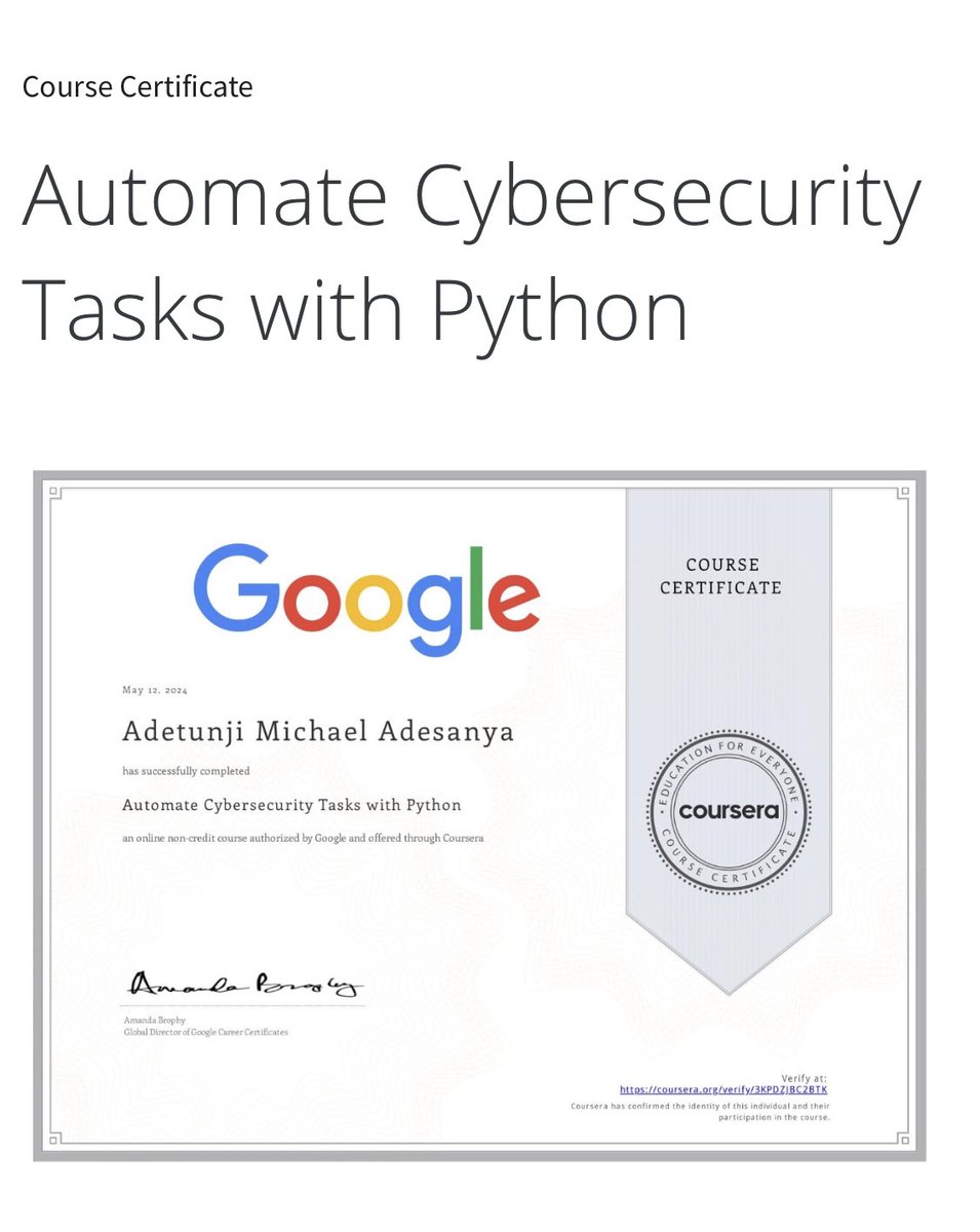 Glad to announce I just reached another milestone in my Cybersecurity learning journey,through the Google cybersecurity professional course.🎉  7/8 done ✅.
#cybersecurity #Google  #pythonprogramming   #python