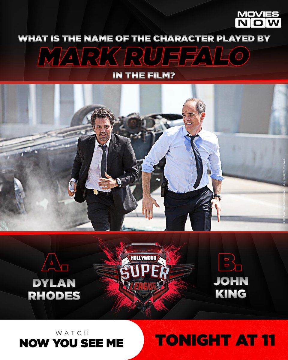 The Four Horsemen are baffling the FBI! 🕵🏻 Can you guess Mark Ruffalo's character? Comment below! 🏏 Watch Now You See Me, only on Movies Now at 11 PM tonight! 🎬 #HollywoodSuperLeague #Movies