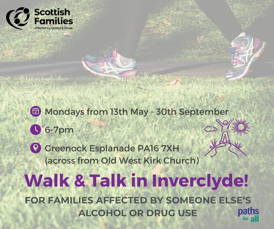 Our 'Walk and Talk' group is on tonight - Monday 27th May! Are you affected by someone else’s drug/alcohol use? Please know, you are not alone! Come along to our new 'Walk and Talk' group, there is no need to book! Send any enquiries to inverclydefss@sfad.org.uk 💜