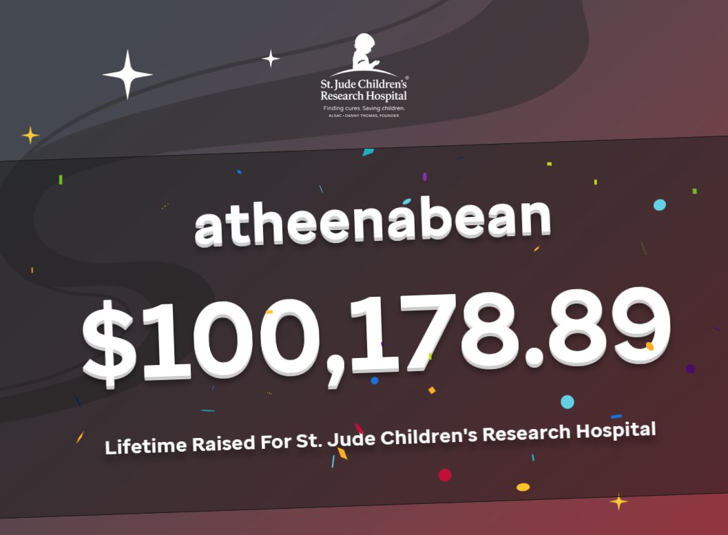 atheenabean's tweet photo. We did it. We hit $100,000 lifetime raised for St. Jude!

This month I have already gotten to do things on stream that I never thought I'd do. I am so thankful and so grateful and so HUMBLED by this community and your generosity. 🥹

HERE'S TO ANOTHER 100K!! 💪✨🎉 https://t.co/Iyp4rXqUOb