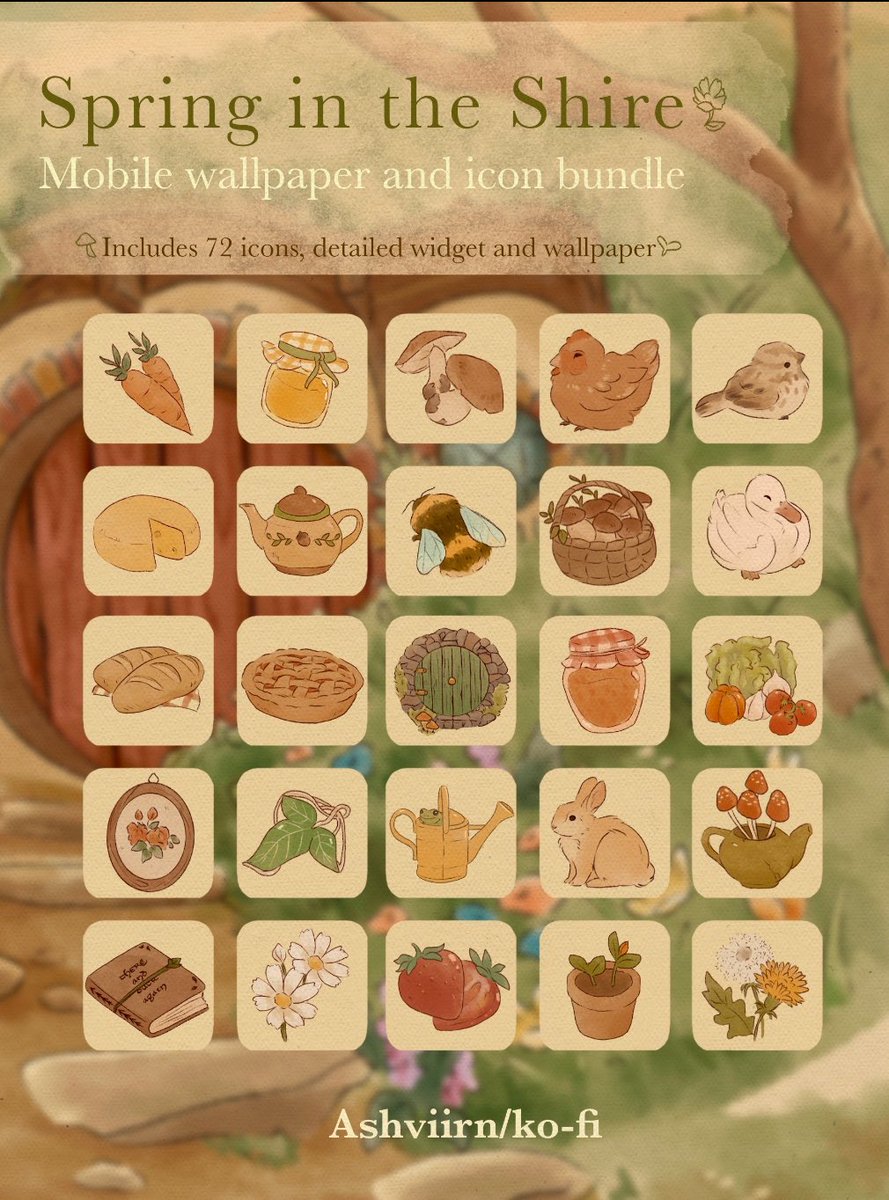 Spring in the Shire mobile theme now in my sh🌼p! 🥕🍄‍🟫🪴