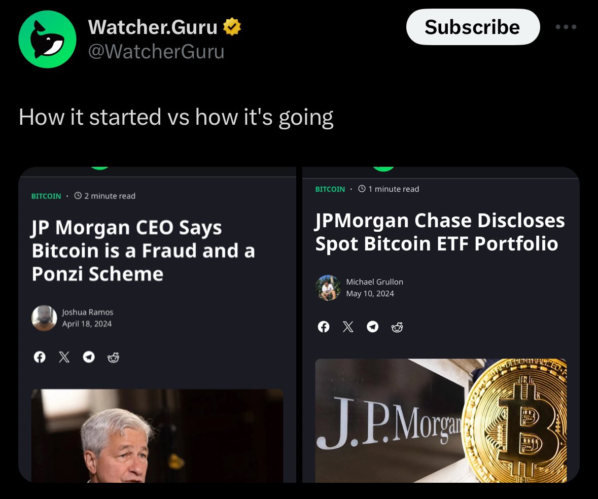 #DocumentingCrypto
How it started vs How it's going 💀
While not just #JPMorgan #JamieDimon but most of the big mouths were talking negatively about #Bitcoin they were indirectly buying cheap. 🤙🏼
April you say Fraud, May you disclose holdings 😂
#Crypto #FUD #BitcoinETF #HODL