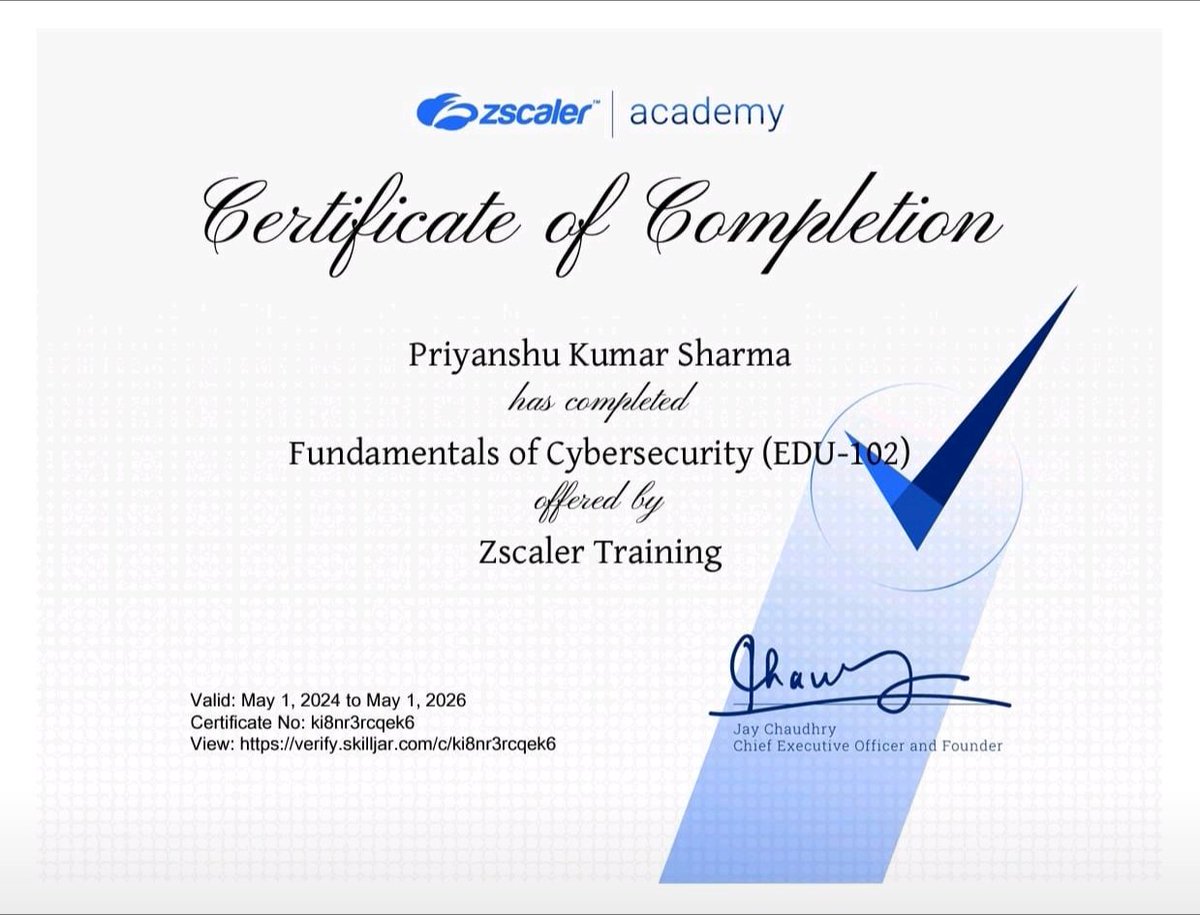 I'm happy to share that I've obtained a new certification: Fundamentals of
Cybersecurity (EDU-102) from @zscaler! #CyberSecurityAwareness #cybersecurity #cloudsecurity #CloudComputing