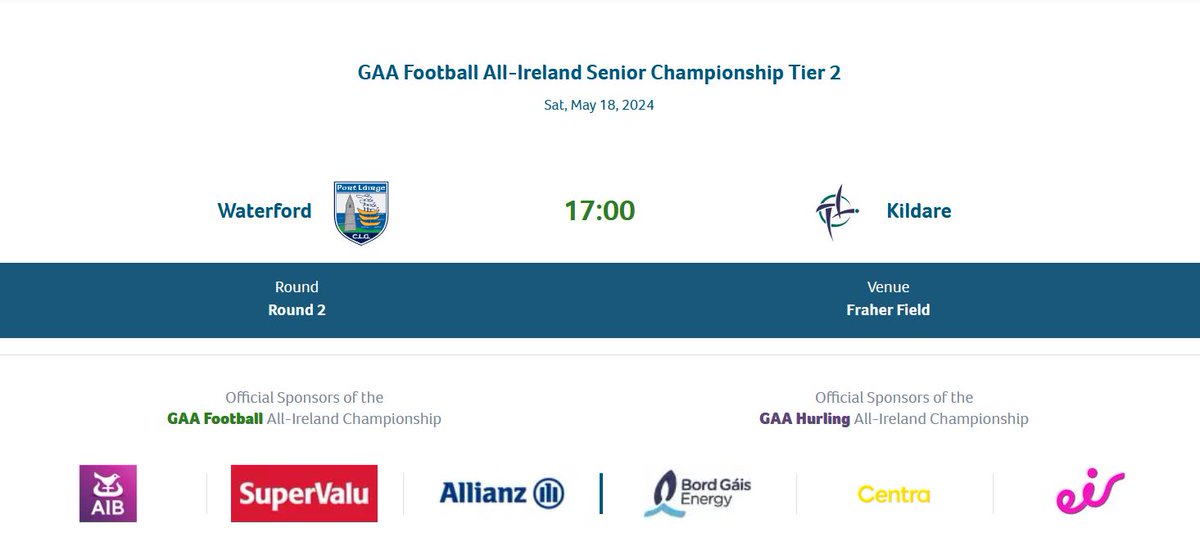 Tailteann Cup Round 2 Fixture Waterford play Kildare next Saturday evening at 5PM in Fraher Field, Dungarvan Tickets: am.ticketmaster.com/gaa/tailteannmp