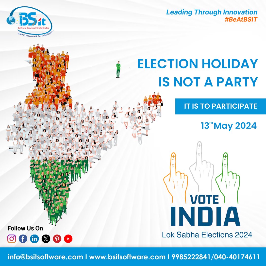 Every voice matters, and every vote counts. Exercise your right to vote and make your voice heard! 🗳✨ 

#bsitsoftware #LokSabhaPolls #LokSabhaElections2024 #YourVoteYourVoice #VotingMatters #RegisterToVote #Democracy #VoteResponsibly #CivicDuty #UseYourVoice #MakeADifference