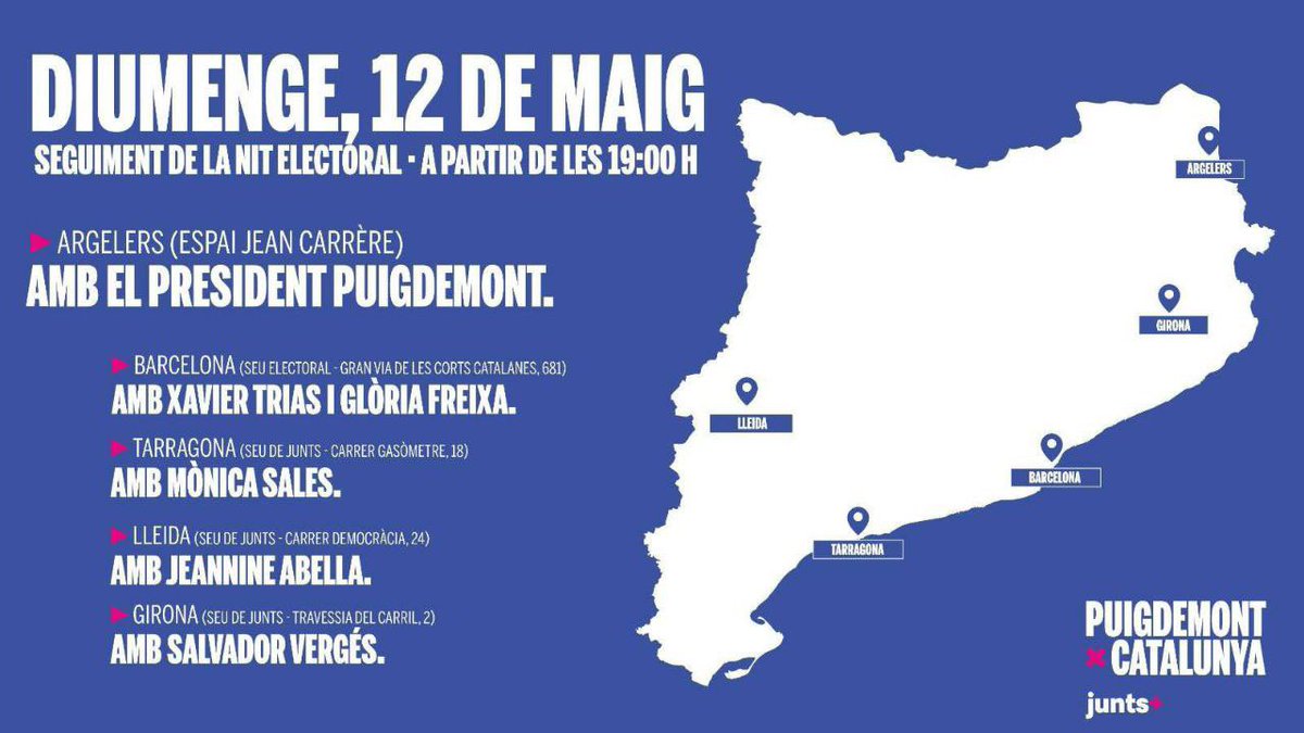 📢 Acompanya’ns al seguiment de la #nitelectoral del #12M a #Lleida. 🕞 A partir de les 19:00 h 📍Seu de Junts+ a Lleida (Democràcia, 24).