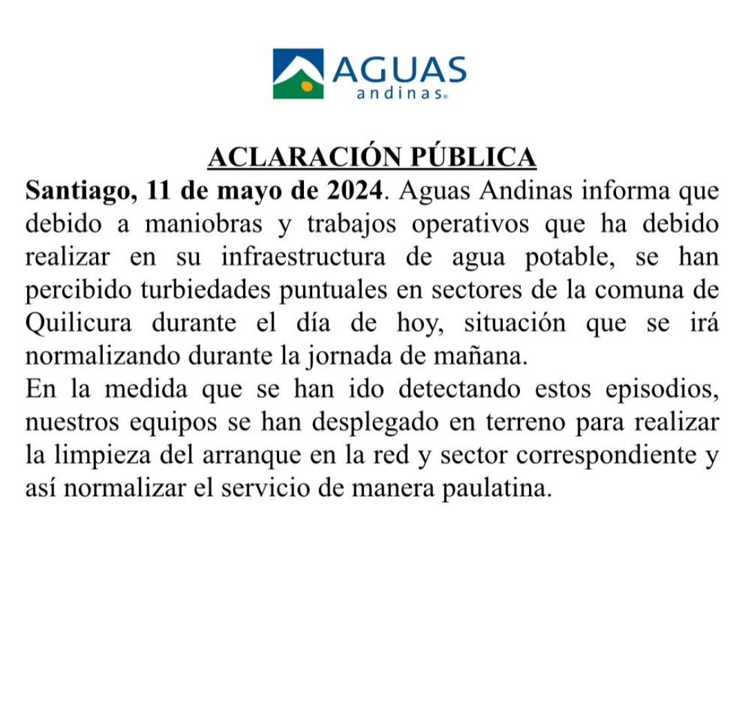 #AlertaQuilicura Compartimos con uds Aclaración Pública de @aguas_andinas por turbiedad que presenta el agua potable en distintos sectores de la comuna.