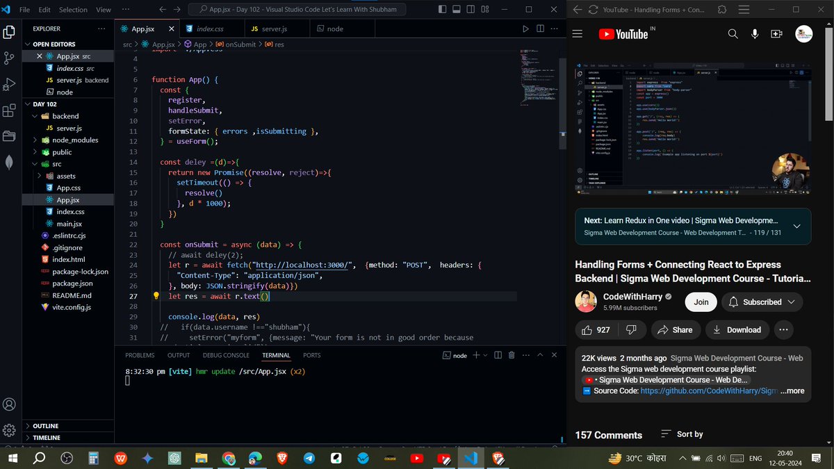 🚀 Day 102 of the #100DaysLearningChallenge accomplished! 🌟 Explored Handling Forms and connecting React to an Express backend. 💻⚛️ Ready to integrate frontend and backend seamlessly in my projects! #LearningJourney #ReactJS #ExpressJS #WebDev #100DaysOfCode 🎉