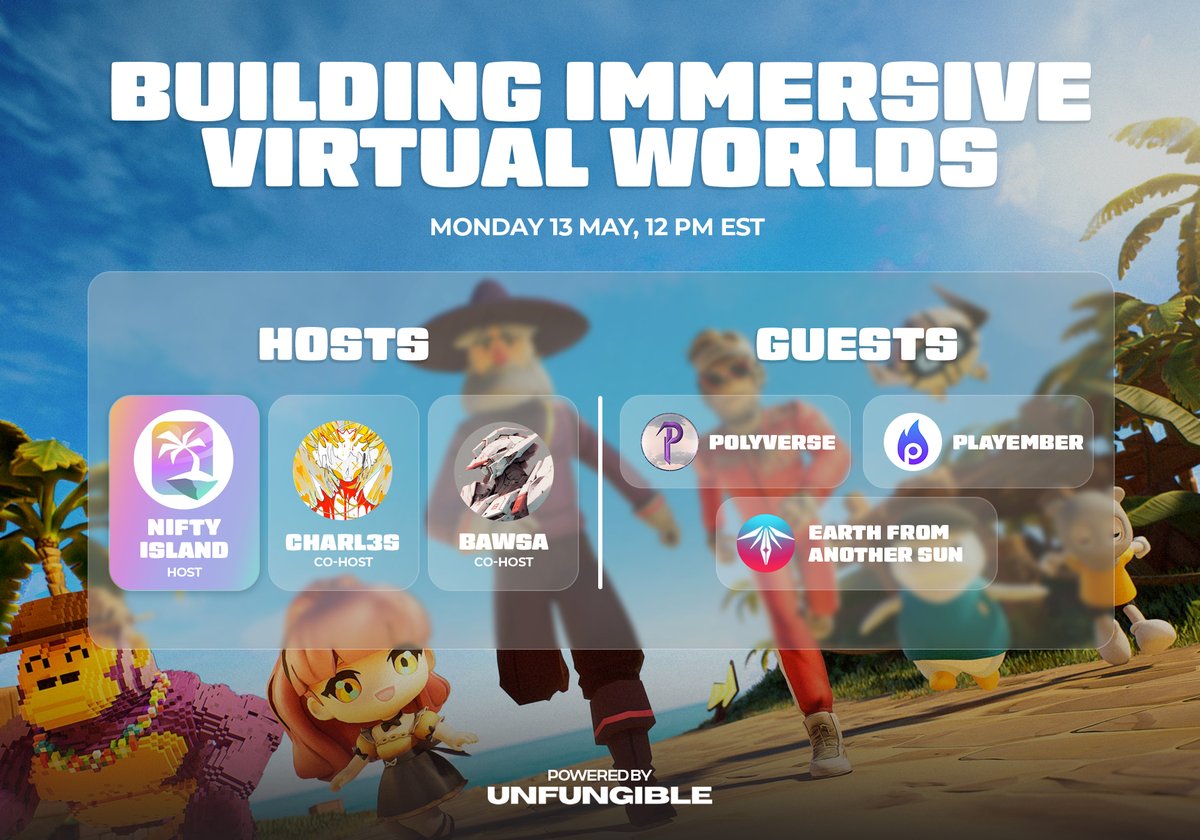 Join us tomorrow at 12 PM EST to discuss: Building Immersive Virtual Worlds 🏝️ Featuring guests @0xPolyverse, @play_ember, and @PlayEFAS. Set your reminder below 👇