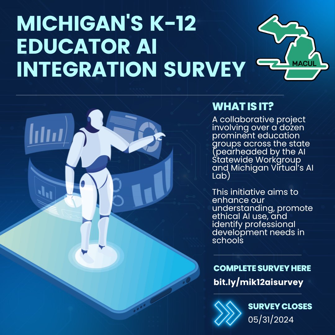 Take a moment to complete a survey on AI use across the state whose initiative aims to enhance our understanding, promote ethical AI use, and identify professional development needs in schools. Survey is open until 5/31/24. bit.ly/mik12aisurvey #miched