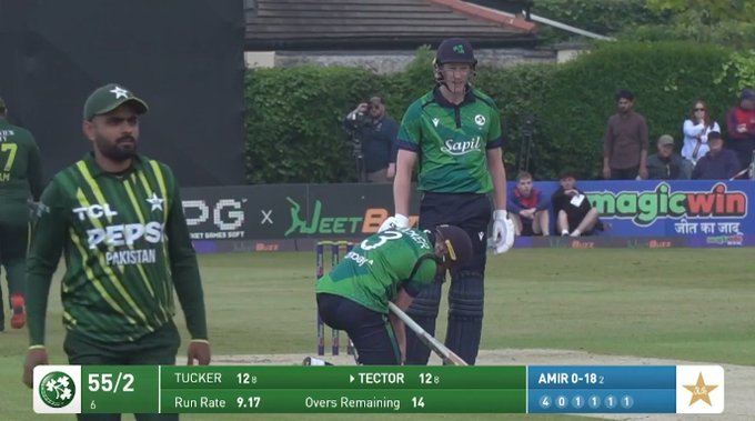 Commentator at the end of Ireland innings ''Strange Tactics again by Babar, Saim Ayub got the ball to turn in his first over, Imad only given 21 in his 3 overs but both could not complete their Quota''