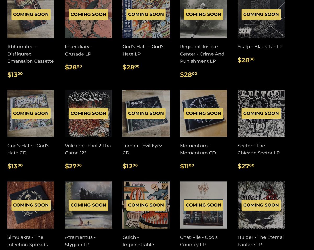 MeteorGem's tweet photo. ✨UPCOMING✨
We have tons of pieces in our upcoming section. Give it a brag and make sure to sign up for notifications so that you get notified as soon as it goes live. LINK IN COMMENTS
#vinylrecords #Deathmetal #hardcore #cassette #tapes #closedcasket #maggotstomp #daze https://t.co/YO6Xdy2CDH