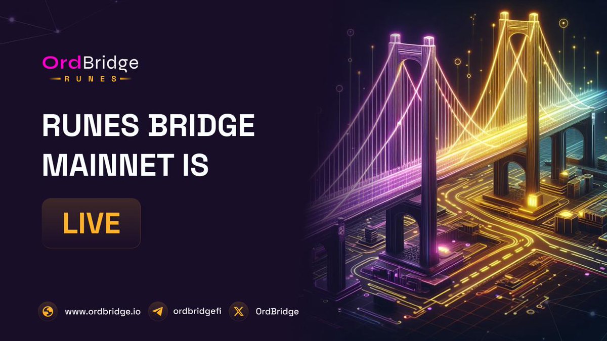 OrdBridge's tweet photo. Brace yourselves, the moment we've all eagerly anticipated has finally arrived! 

The Runes Bridge Mainnet is officially LIVE on OrdBridge! 🌐💥 

Experience the magic of seamless interoperability within the Bitcoin ecosystem as we embark on this journey of innovation together. 🌉
💫 
Join us and witness the boundless potential awaiting at https://t.co/PjSCCeKDhW

#Bitcoin #Interoperability #Innovation #Ordbridge #RunesBridge