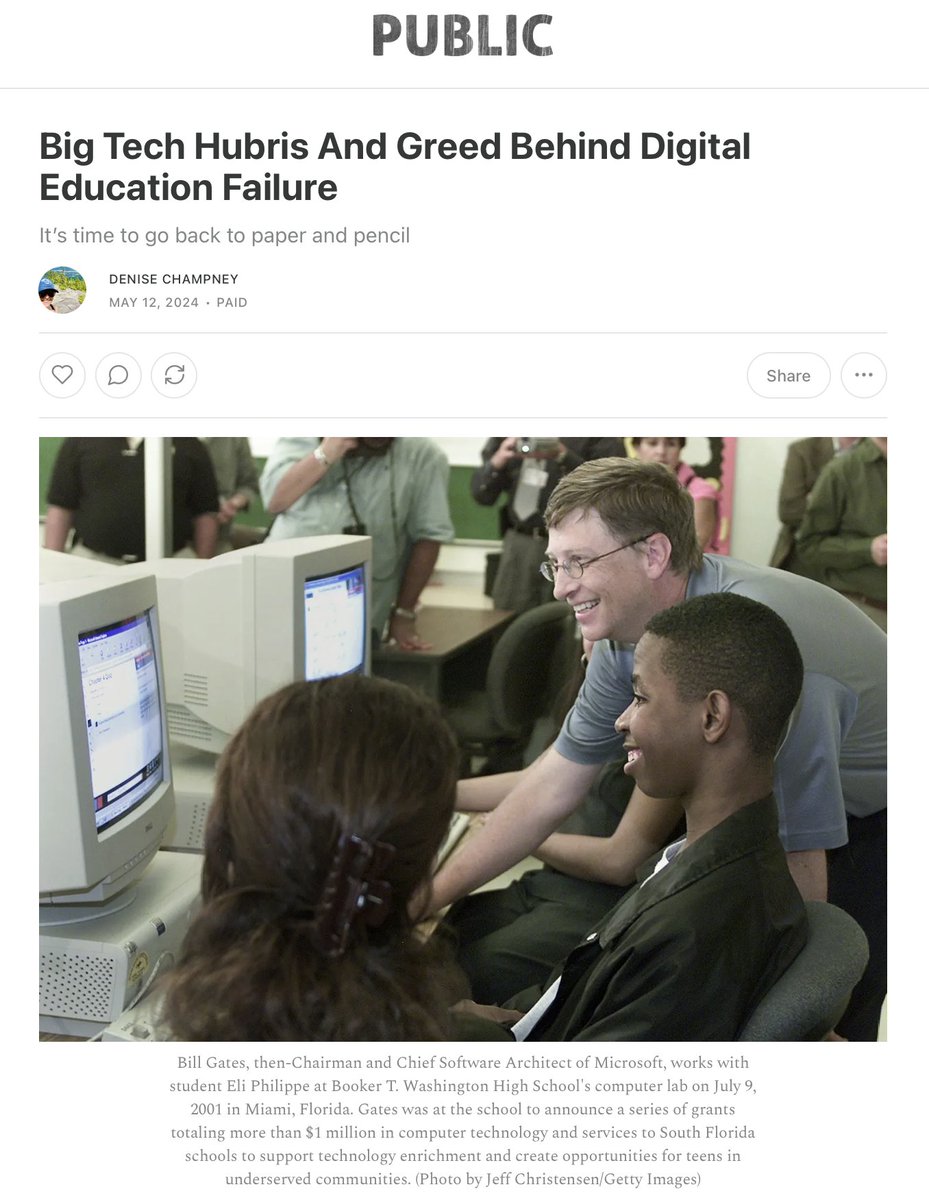 Kids need computers in their classrooms, claimed @BillGates. But they didn't. In fact, the evidence is now overwhelming that they hinder learning. Many high-tech execs know this and send their own kids to schools that rely on paper and pencils. Schools need to go back to basics.