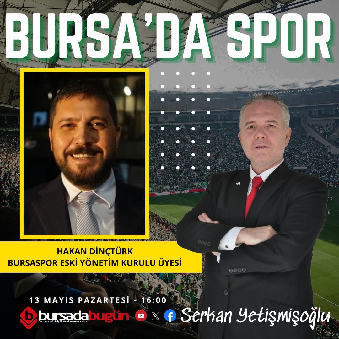 Yarın saat 16:00’da Bursa spor basınının sevilen ismi Serkan YETİŞMİŞOĞLU ile önümüzdeki Bursaspor kongresini ve başkan adaylarını konuşacağız.

@serkanyetis 
@bursadabugun