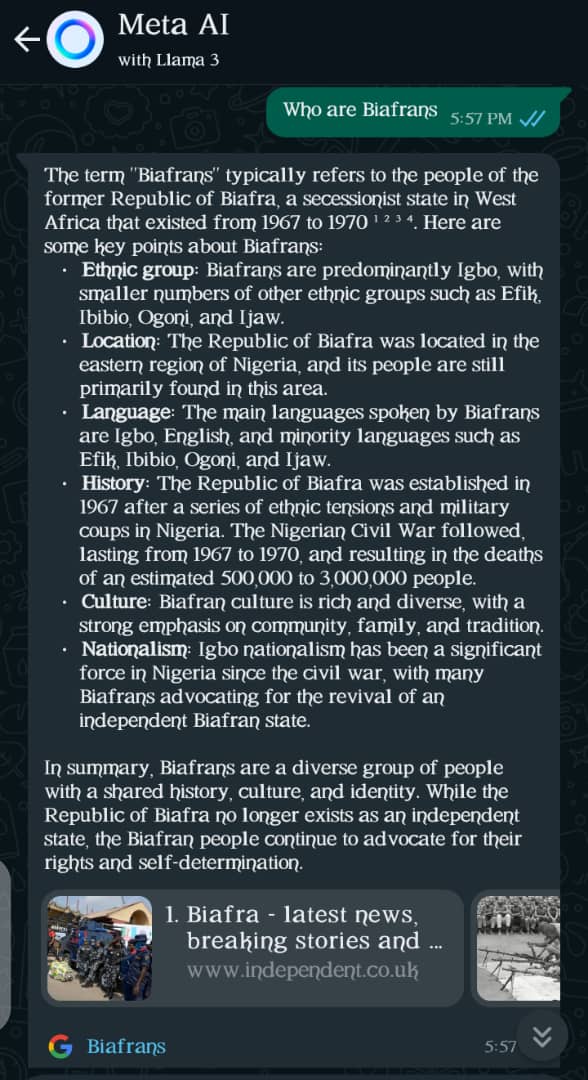 This is what WhatsApp (Meta Ai) has to say about Igbos/Biafrans

They know you more than you know yourself. Keep allowing them mess you up. After it will still be the Igbos that will rescue U

#FreeMaziNnamdiKanu
#BiafraExit
#ReferendumNow
#divideNigeria
#EndNigeriaNowToSaveLives