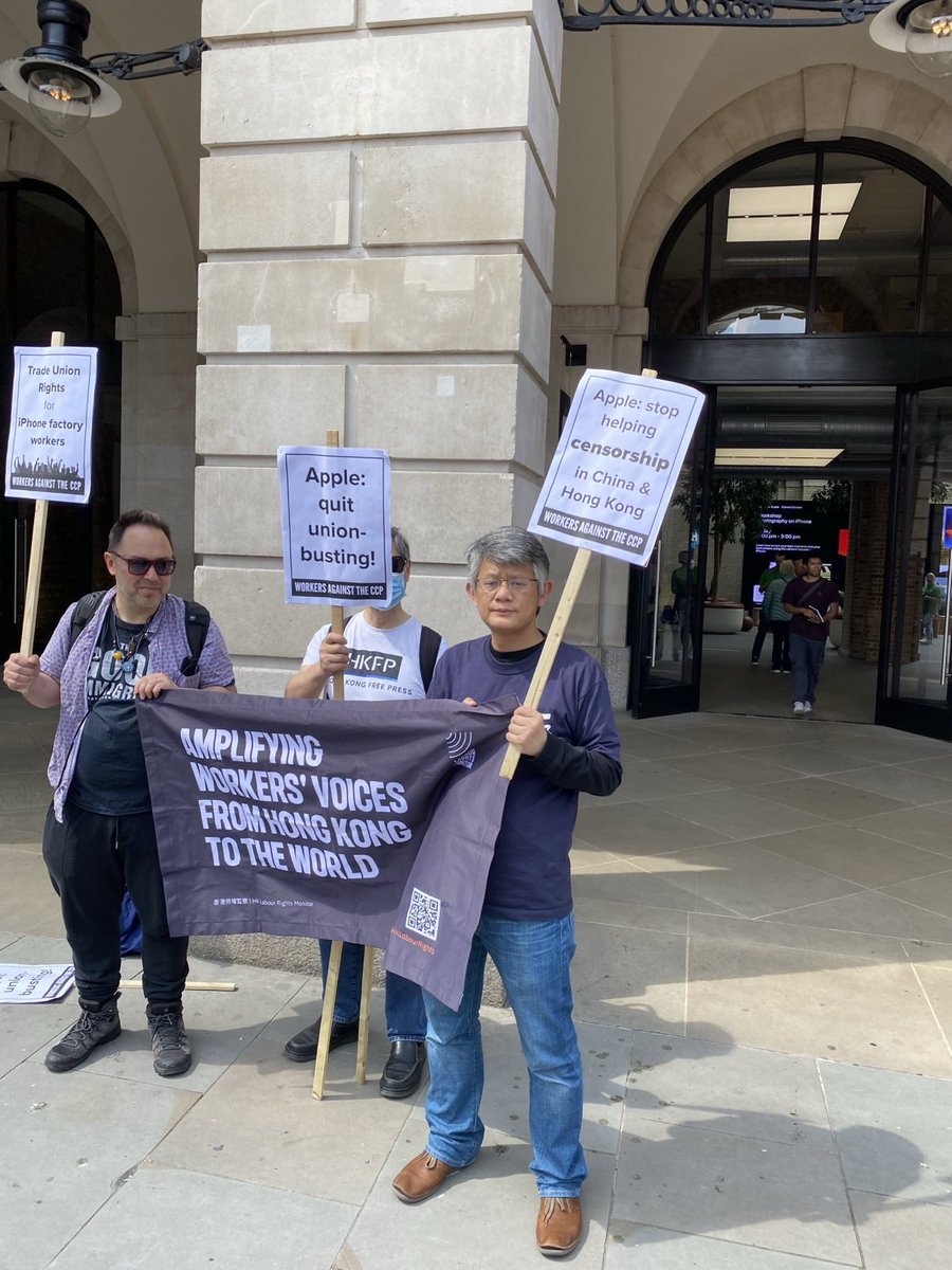 Today, we joined @WorkersAntiCCP to protest against Apple in #CoventGarden for its alleged abuses of forced labor and anti-union policies in its supply chains in Xinjiang, China.