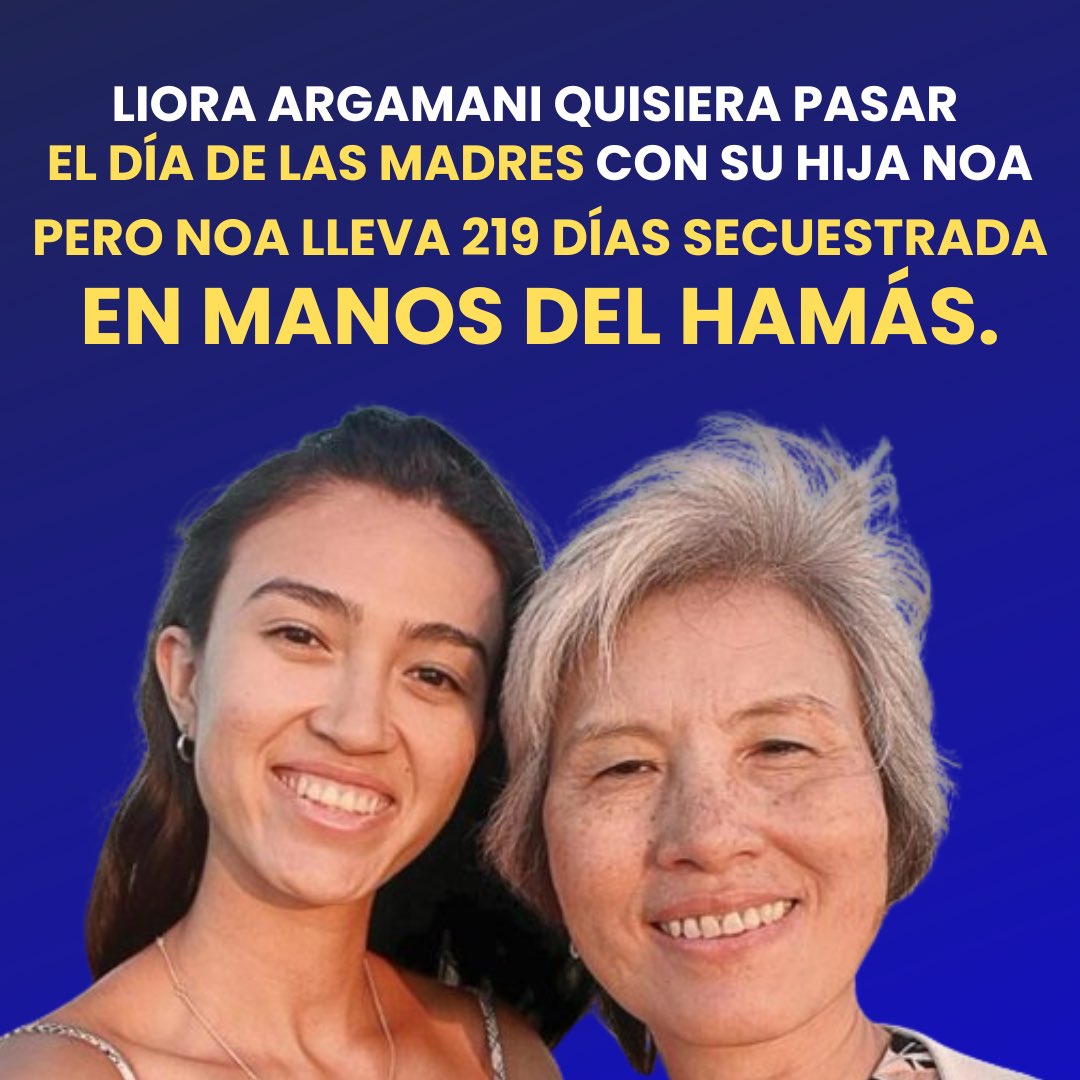 Hoy, mientras millones de familias en el mundo celebran el #DiaDeLaMadre, hay muchas madres israelíes que no pueden celebrar con sus hijos.

Una de ella es Liora Argamani, que tiene un cáncer terminal. 
Su último deseo es abrazar a su única hija, Noa, que lleva más de 7 meses