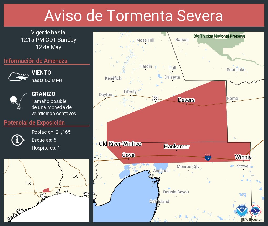 Aviso de Tormenta Severa incluye Winnie TX, Old River-Winfree TX, Cove TX hasta las 12:15 PM CDT
