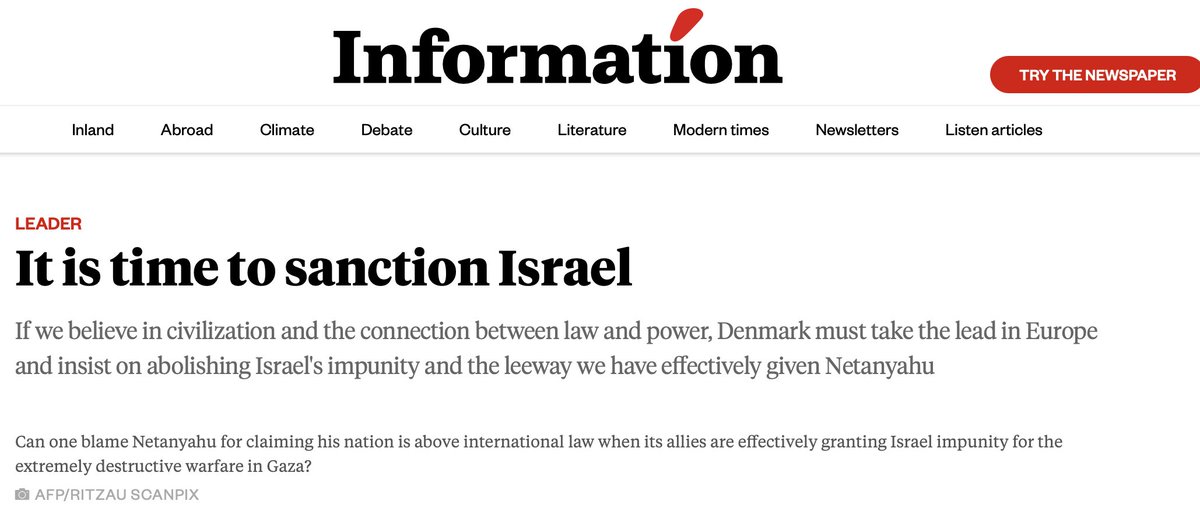 Danish daily newspaper @informeren calls for sanctions and a full arms embargo against Israel 'if we are not willing to sanction Israel's demonstrative disregard for international rules and put force behind justice, we have given up on justice ourselves' information.dk/indland/leder/…