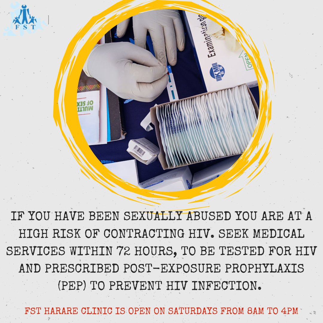 If you have been sexually abused, you are at a high risk of contracting HIV. Seek medical services within 72 hours, to be tested for HIV and prescribed Post-Exposure Prophylaxis (PEP) to prevent HIV infection. Our Harare clinic, is open today from 8am to 4pm. #preventionfirst