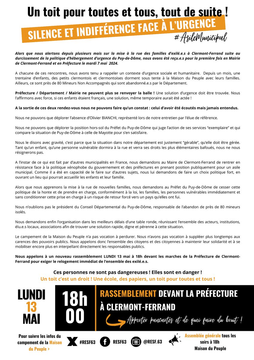 🔴Voilà plus d’un mois que plus de 30 enfants et leurs familles dorment à la Maison du Peuple. Ça suffit ! 📣Ils et elles ont besoin de toi()t LUNDI 13 mai à 18h devant la Prefecture de Clermont Ferrand pour un rassemblement. 👉Merci de partager autour de vous #UnToitPourTous