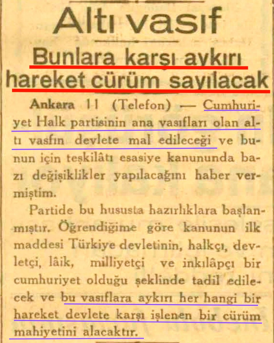 Rezalet döneminde bugün / ~6~ Çöp-çukur-çamur partisi CHP'nin ilkleri devlete mââl edilecekmiş. Bunun için anayasada değişiklik yapılacakmış. CHP'nin ilkelerine aykırı hareket etmek devlete karşı işlenen bir suç sayılacakmış. Soran olursa demokrasi‼️ . {12 Mayıs 1936} Akşam SF:2