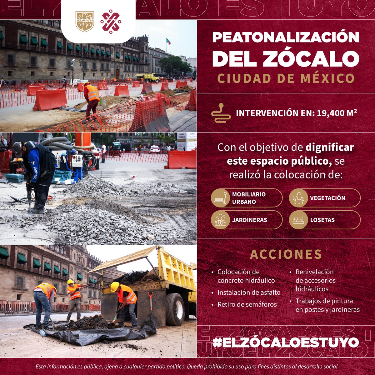 #ElZócaloEsTuyo | La peatonalización del Zócalo de la Ciudad de México contempló la intervención de 19,400 m² para peatonalizar cuatro de los seis carriles que la componen, reemplazar el asfalto y colocar mobiliario urbano, luminarias, vegetación y jardineras.