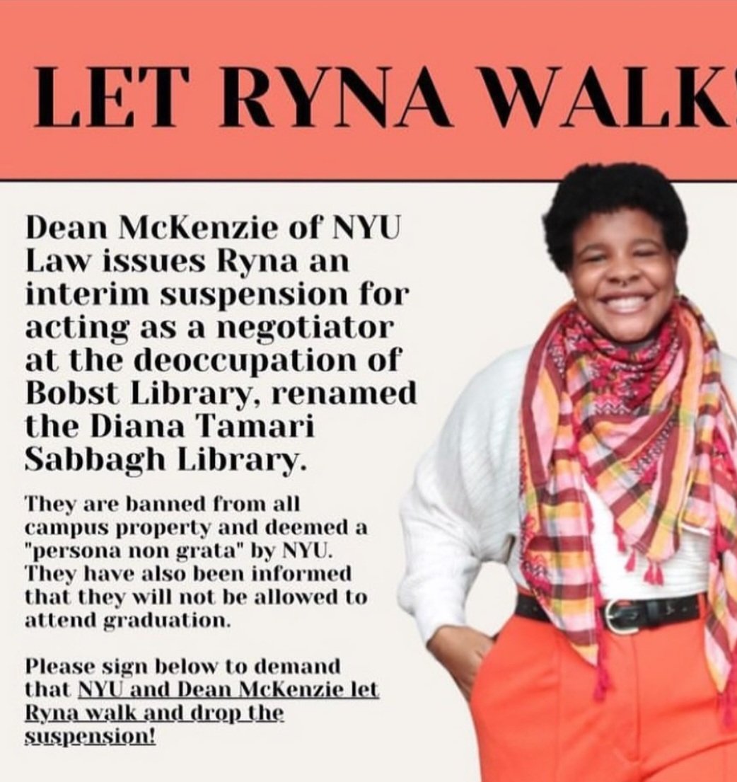 Let Ryna Walk. If you are a student, faculty or alum at @nyulaw you must speak up against this injustice. Where is the @ABAesq and so called academic freedom. @r_w2023 #Free