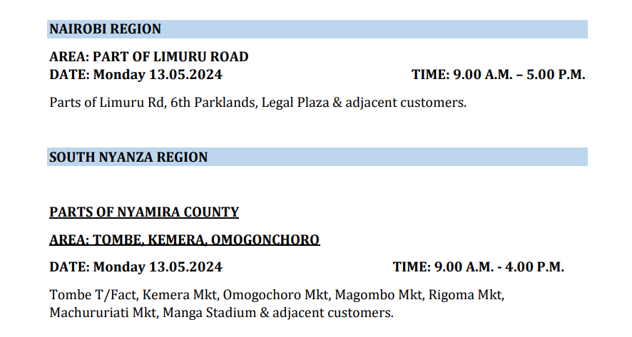Good Evening. The following areas will be on a scheduled outage tomorrow (13.05.2024) to carry out network maintenance. ^CW