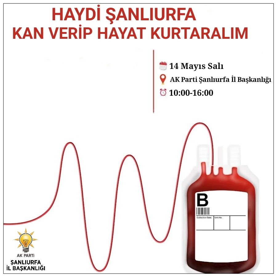 Kan Ver Hayat Kurtar sloganıyla düzenleyeceğimiz kan bağışı etkinliğimize tüm halkımız davetldir. 📆 14 Mayıs 2024 Salı ⏰ 10.00 - 16.00 📍 Yer: AK Parti Şanlıurfa İl Başkanlığı @adelioglu63 @Kizilay