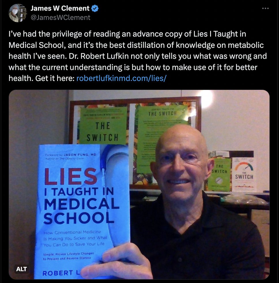 Support from the great James Clements for 'Lies I Taught In Medical School'. Download a free sample chapter or order here: robertlufkinmd.com/lies/
