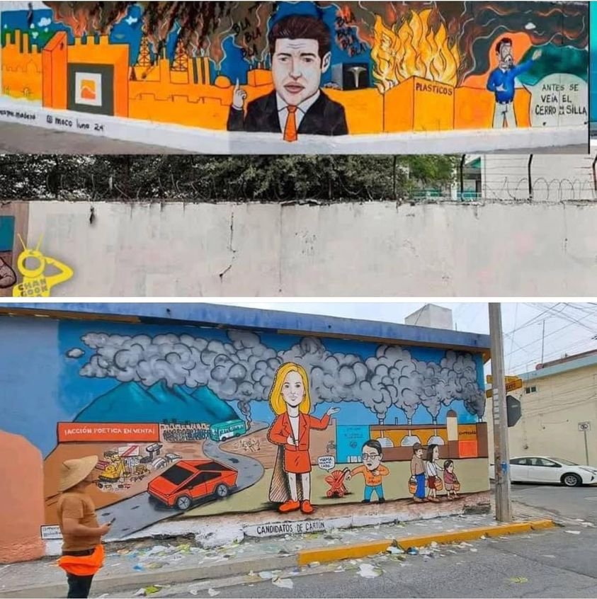 Hace 3 meses, un artista urbano regio pintó un mural en el centro de #Monterrey burlándose de Samuel García. A Lord Faquaard no le gustó y en chinga lo mando a borrar (censurar). Hoy, ese mismo artista pinto otro mural, pero ahora de Marianis 🤣 ¡Tómala Barbon!