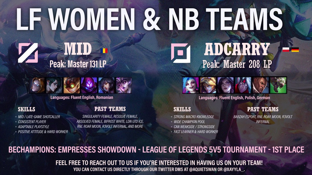 Hello! We're a dedicated mid and adc duo on the lookout for a team. We’ve been playing together for about a year now, and we've built strong synergy that translates into powerful plays and consistent laning.  

We are focused, motivated, and ready to integrate into a new team.