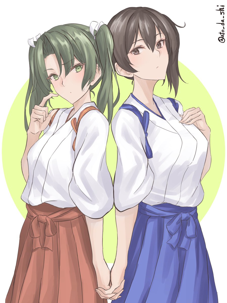 kaga (kancolle) ,zuikaku (kancolle) long hair looking at viewer skirt multiple girls brown hair ribbon hair between eyes  illustration images