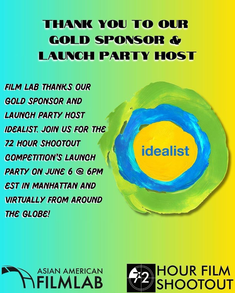 Film Lab’s 72 Hour Shootout is proud to be sponsored by <a href="/idealist/">Idealist</a>!

Register for the 72 Hour Shootout Competition TODAY! 

Link to register: 
asianamericanfilmlab.com

#filmmaking #filmmaker #diversity #representation #diversitymatters #directorslife #writerslife