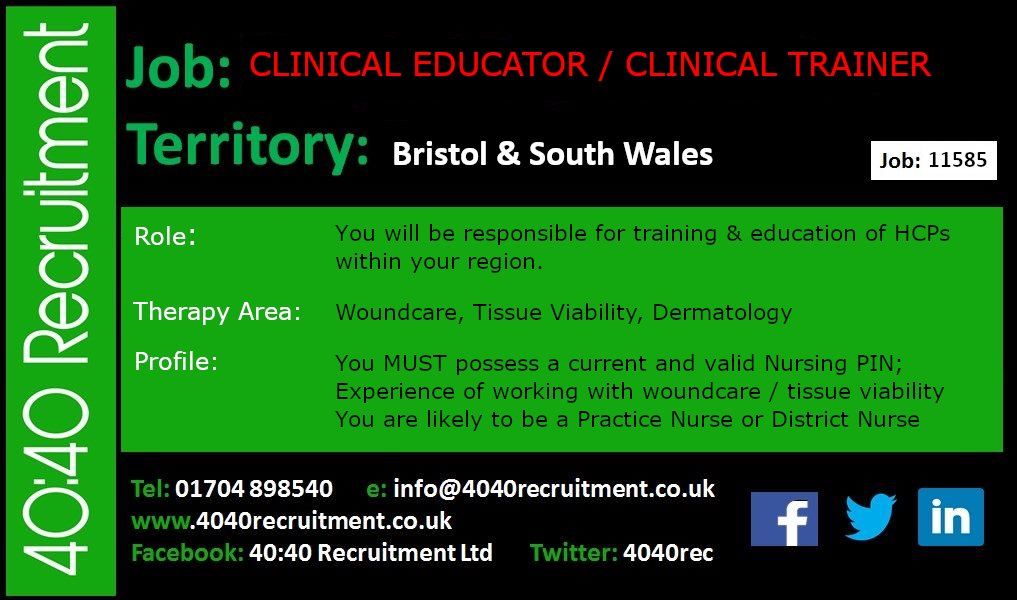REF: 11585 CLINICAL EDUCATOR/ CLINICAL TRAINER – BRISTOL / SOUTH WALES . Details can be viewed at: zurl.co/gXUb #nurseadvisor #clinicaladvisor #clinicaltrainer #RGN #woundcare #nursejobs #clinicaleducation #clinicalsupport #SouthWales #Bristol