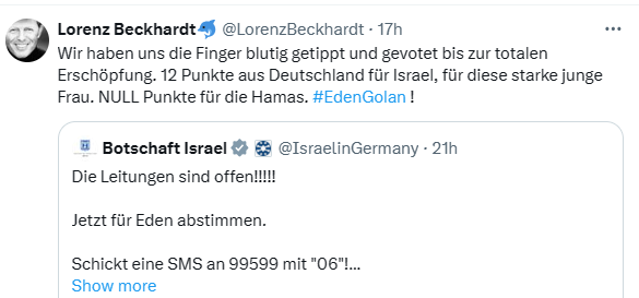 @LorenzBeckhardt ist so dumm, er kann nicht mal Wahlwiederholung.

Unklar ist was er mit 'NULL Punkte für die Hamas' meint.