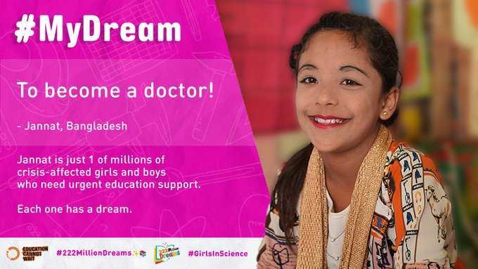 #MyDream: To become a doctor! ~Jannat, #Bangladesh

Jannat is just one of millions of crisis-affected girls & boys who need urgent education support.

#ECW & partners are working to make their dreams a reality!

@un @noradno @sida @spainmfa @mfa_lu @dutchmfa #222MillionDreams✨📚
